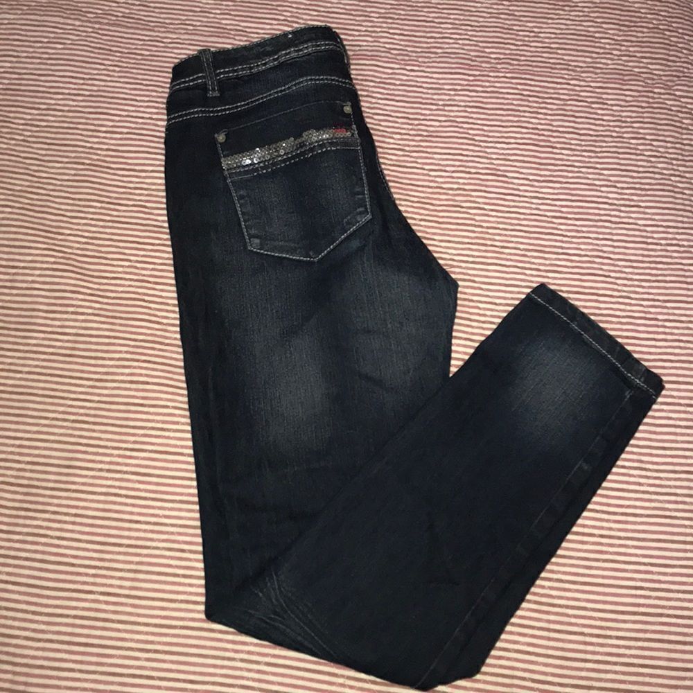 🌻Do denim Sequins detail women’s dark blue skinny jeans silver sequin pocket